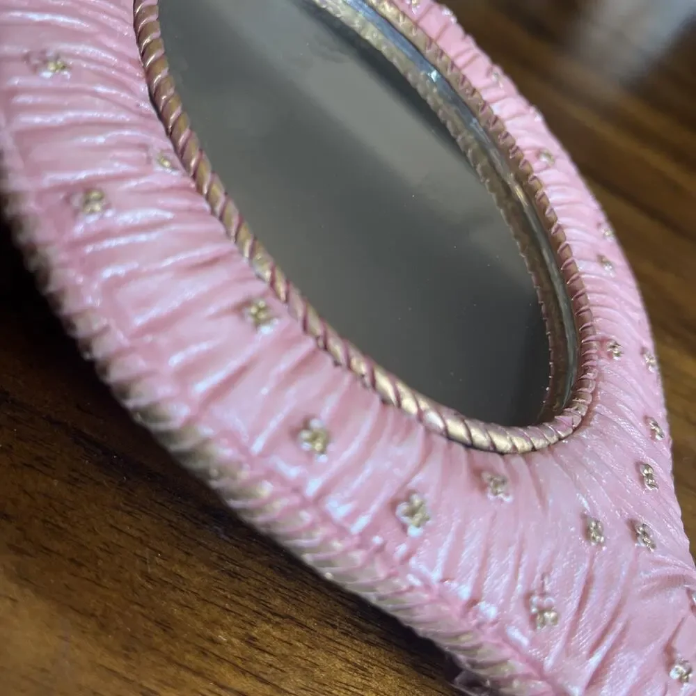 Ornate Pink Floral Handheld Vanity Mirror W/ Roses & Bow, Cottage Glam Whimsy